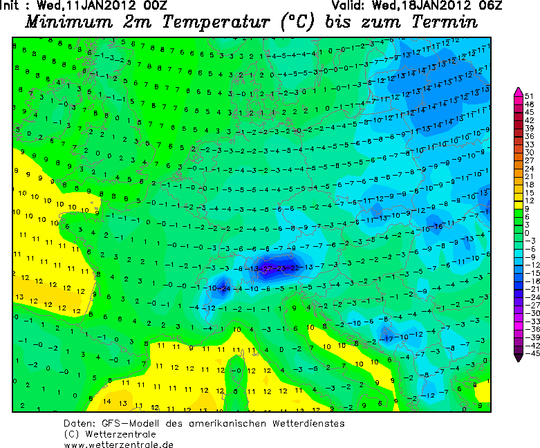 Temperature minime previste per Mercoledì 18. Da notare il progressivo raffreddamento dell'est Europa e in minor maniera anche dell'Italia