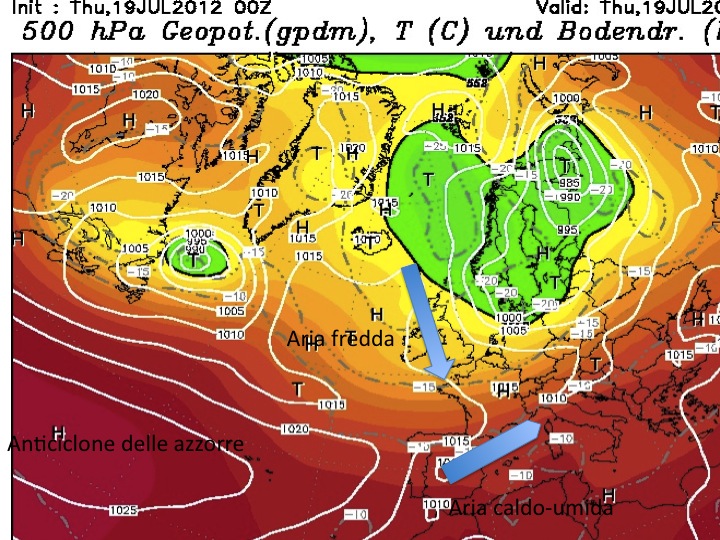 Diapositiva1 carta riferita al pomeriggio di oggi giovedì 19 luglio, si nota l'insorgenza di correnti sud occidentali che precedono la saccatura
