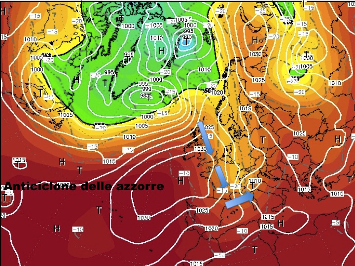 mappa riferita alla mattina di venerdì 31 agosto-si nota l'elevazione dell'anticiclone delle azzorre e la concomitante discesa della saccatura da nord
