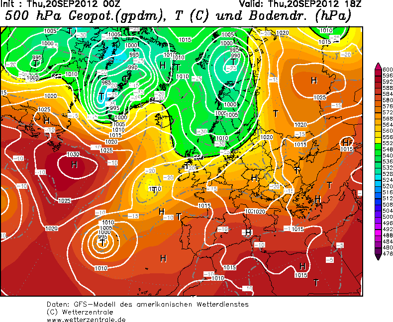 nella mappa riferita al pomeriggio odierno si nota l'alta pressione che protegge il mediterraneo e parte dell'Europa centrale